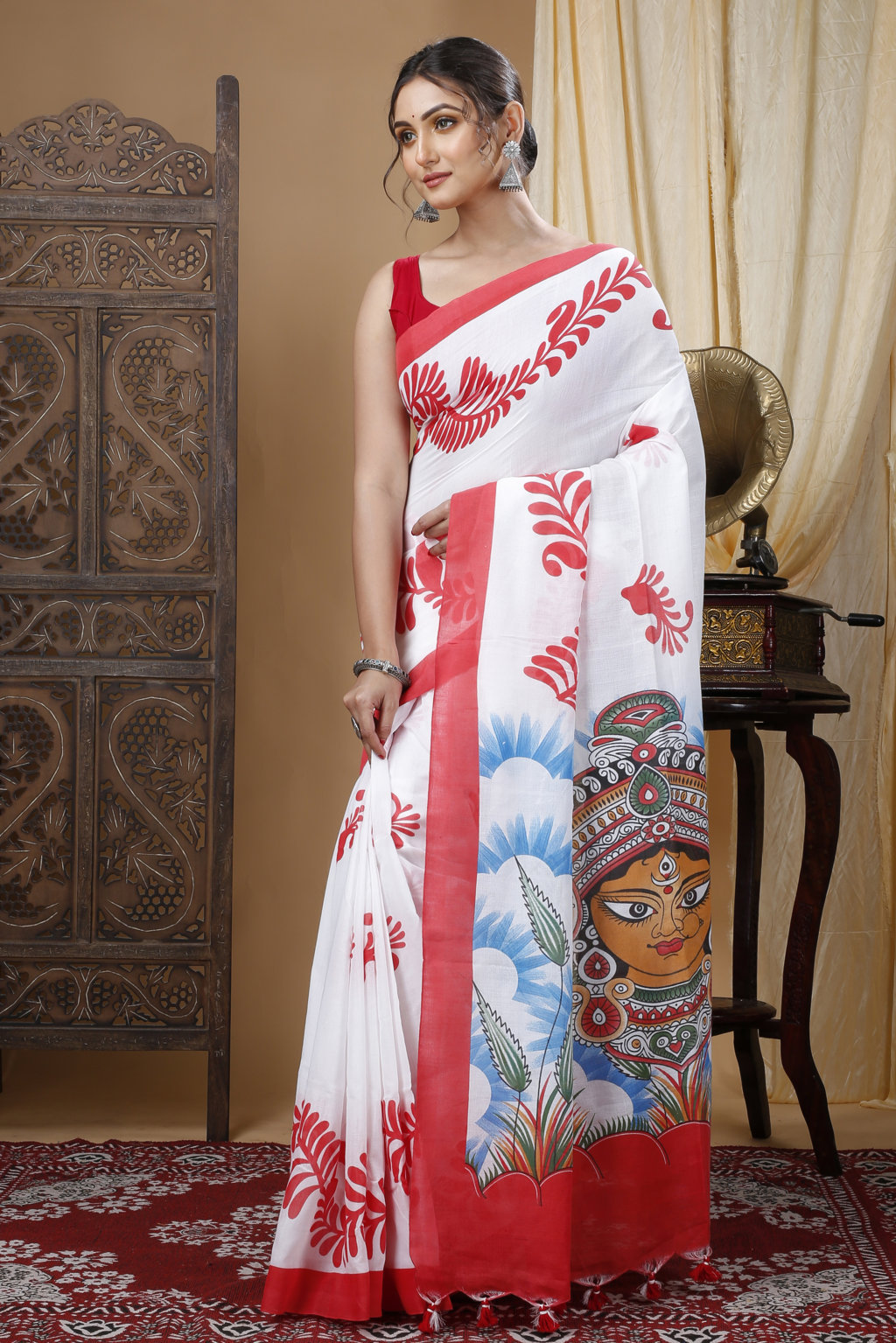 Red White Pure Cotton Durga Printed Handloom Saree (1317)